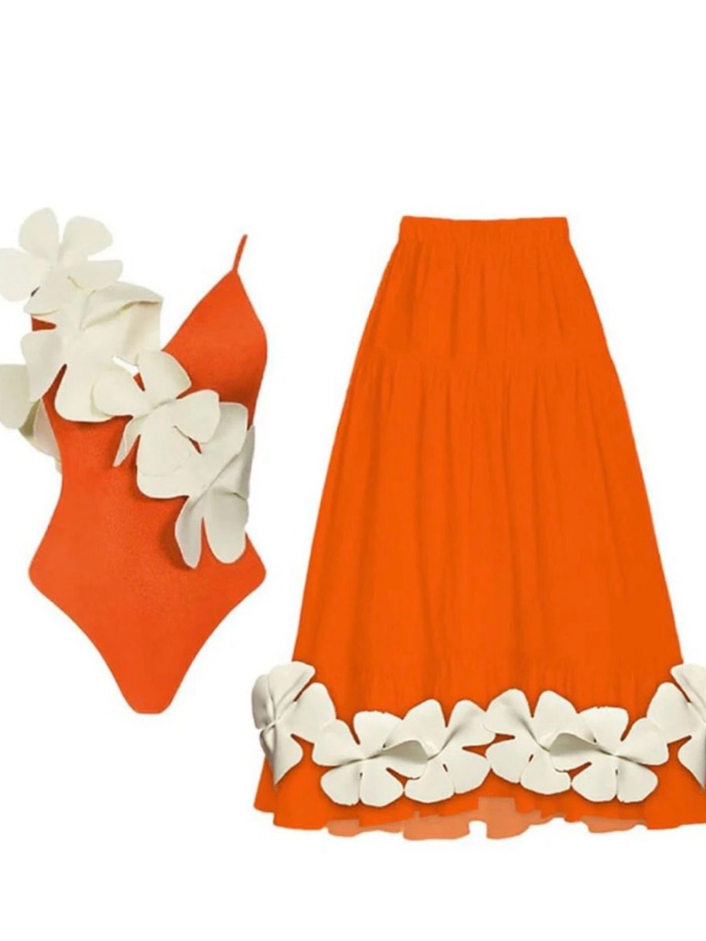 Orange Floral Appliqué Swimsuit & Skirt Set